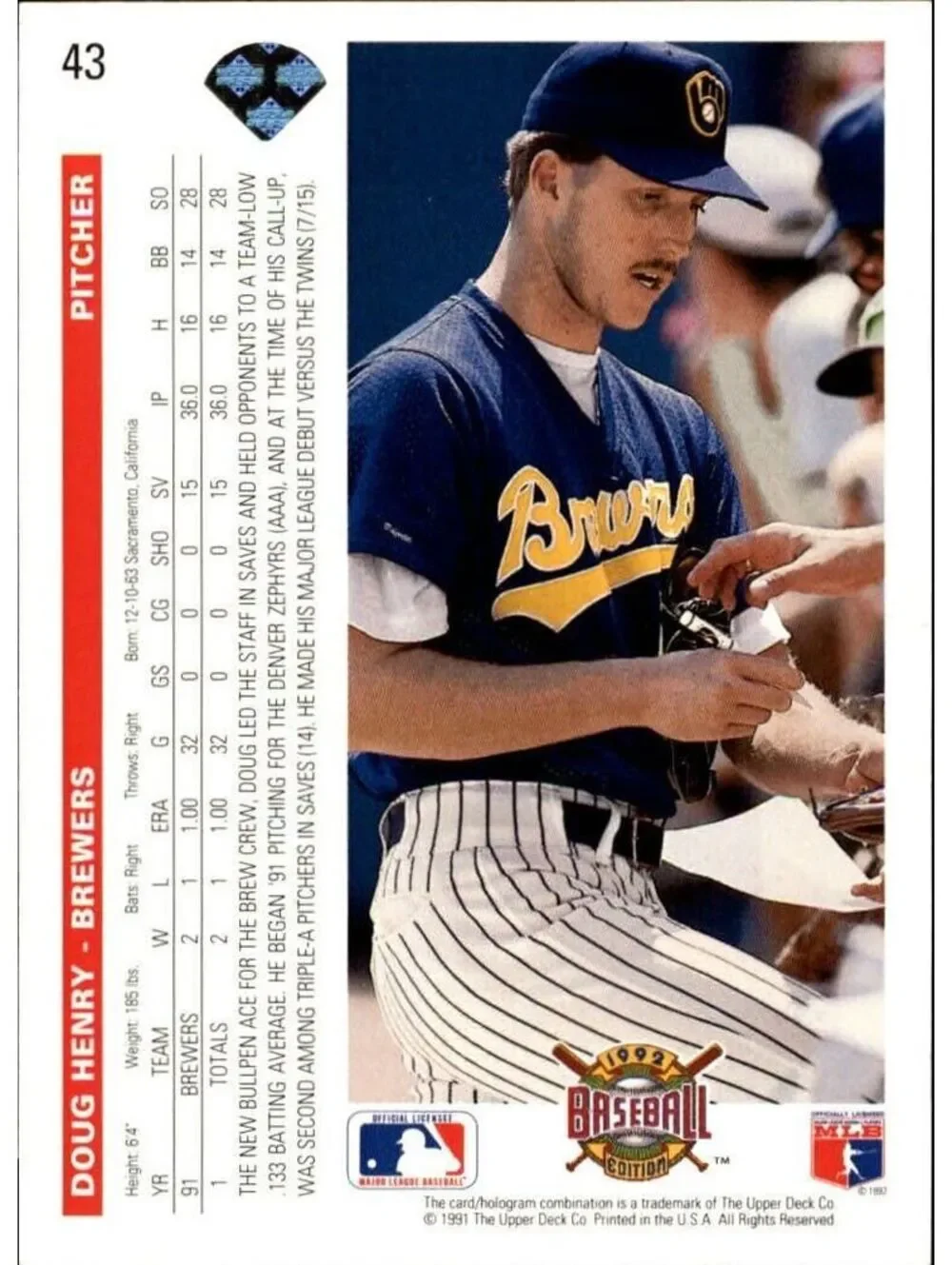 Doug Henry 1992 Upper Deck MLB #43 Rookie Baseball Card Milwaukee Brewers